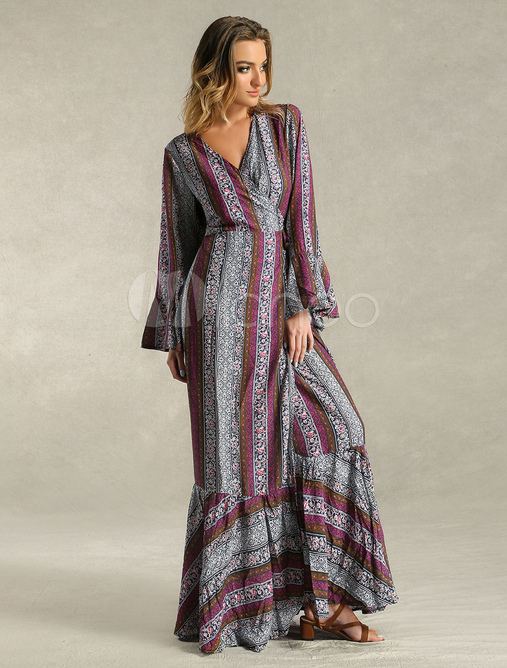Boho Maxi Dress V Neck High Split Long Sleeve Purple Print Dress ...