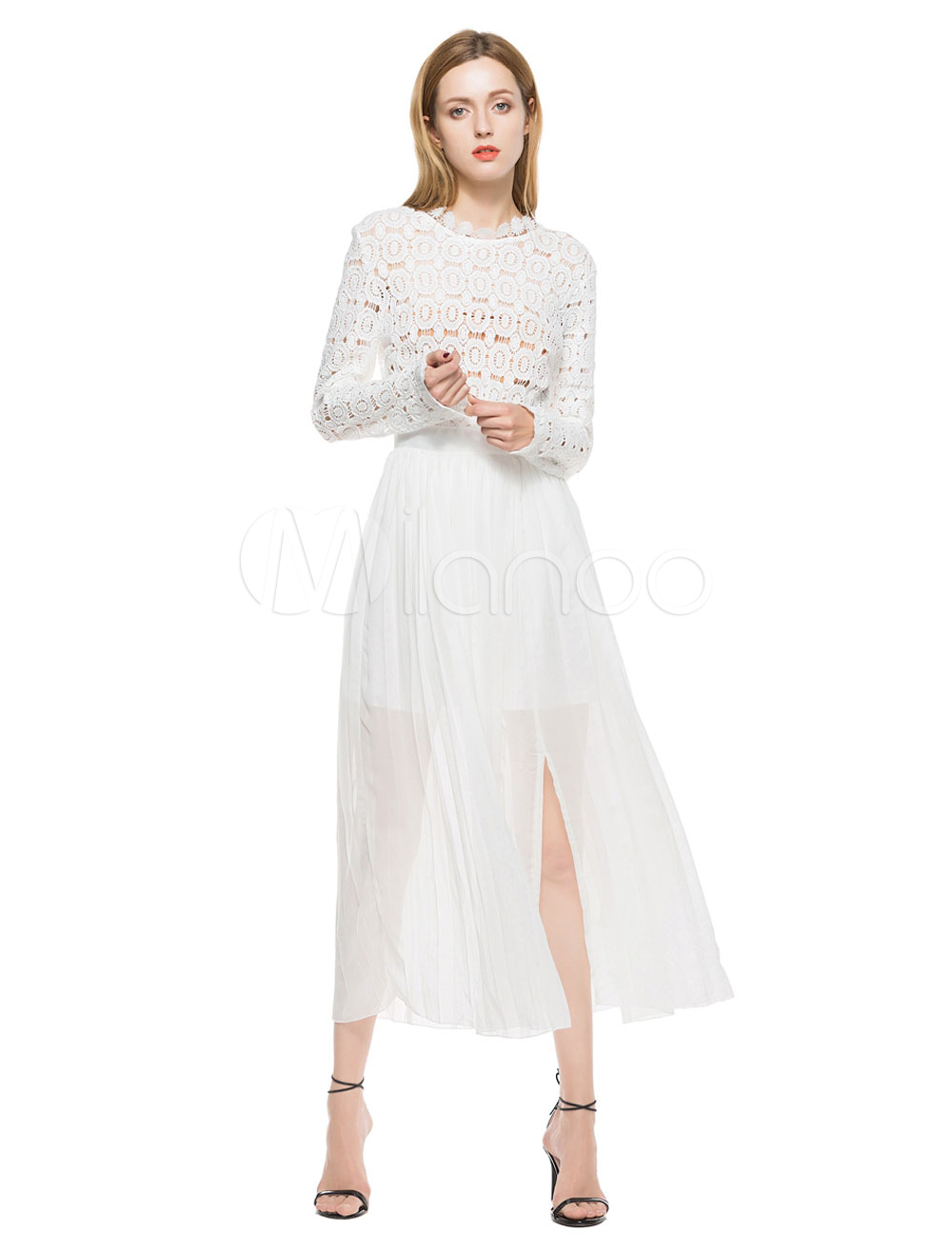 White Long Dress Chiffon Round Neck Long Sleeve Cut Out Slit Floor