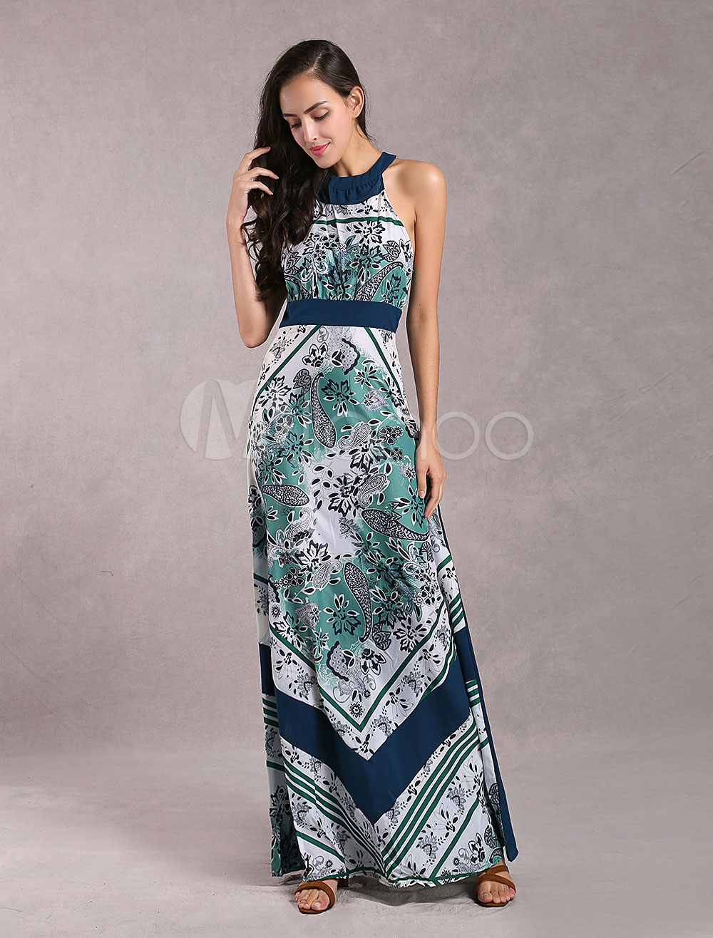 Multicolor Maxi Dress With Ruffles Cotton Satin for Women