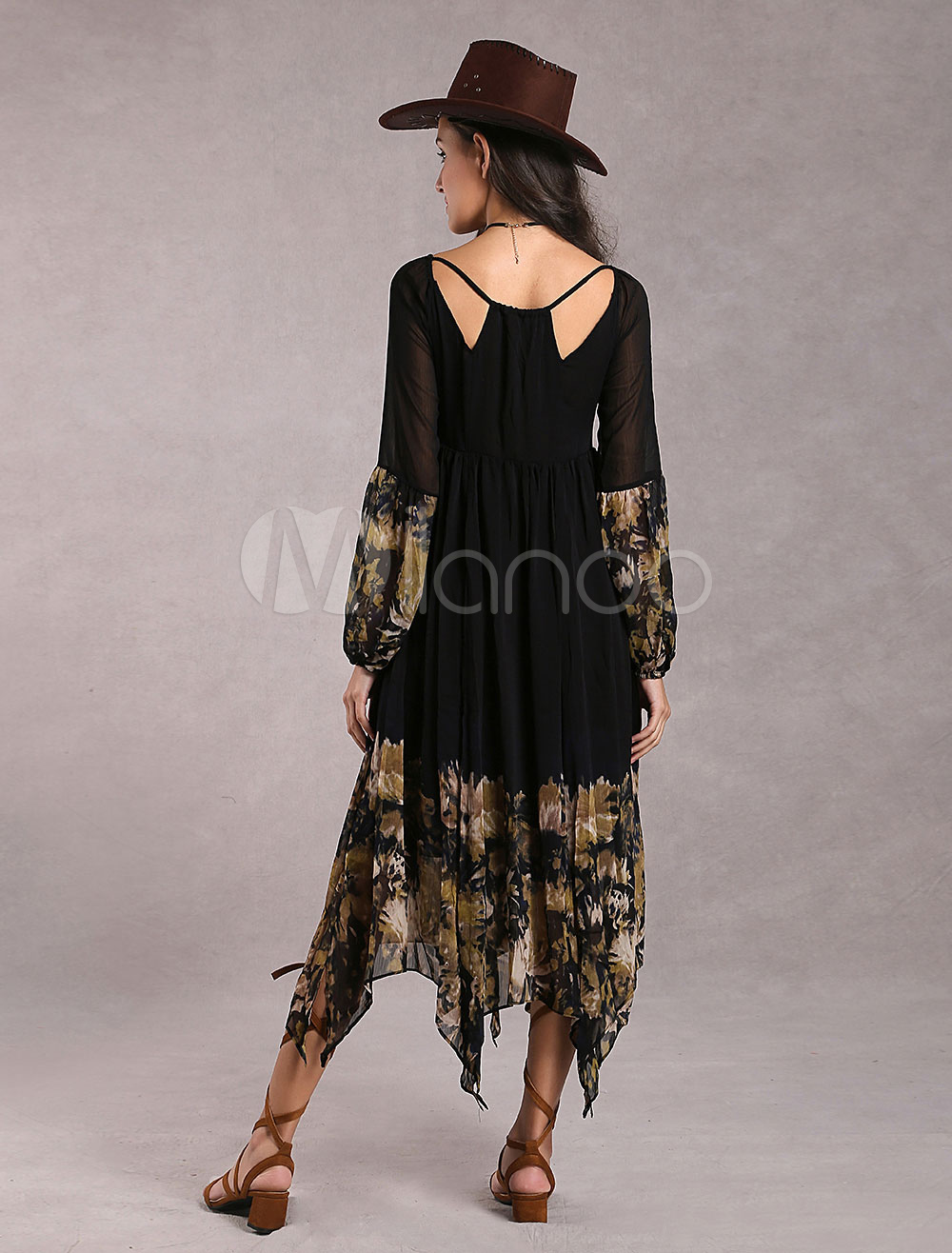 Black Boho Dress Long Sleeve Rayon Maxi ...