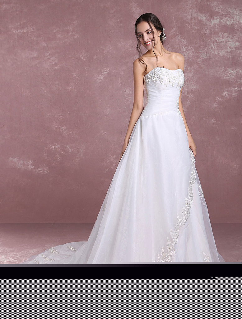 Strapless Wedding Dresses Lace Applique Ivory Bridal Dresses Satin Tulle Pleated Wedding Gown 8149