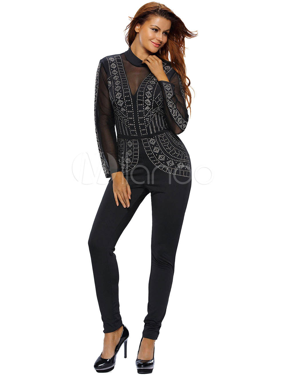 Sexy Black Jumpsuit Women's Stand Collar Long Sleeve SemiSheer