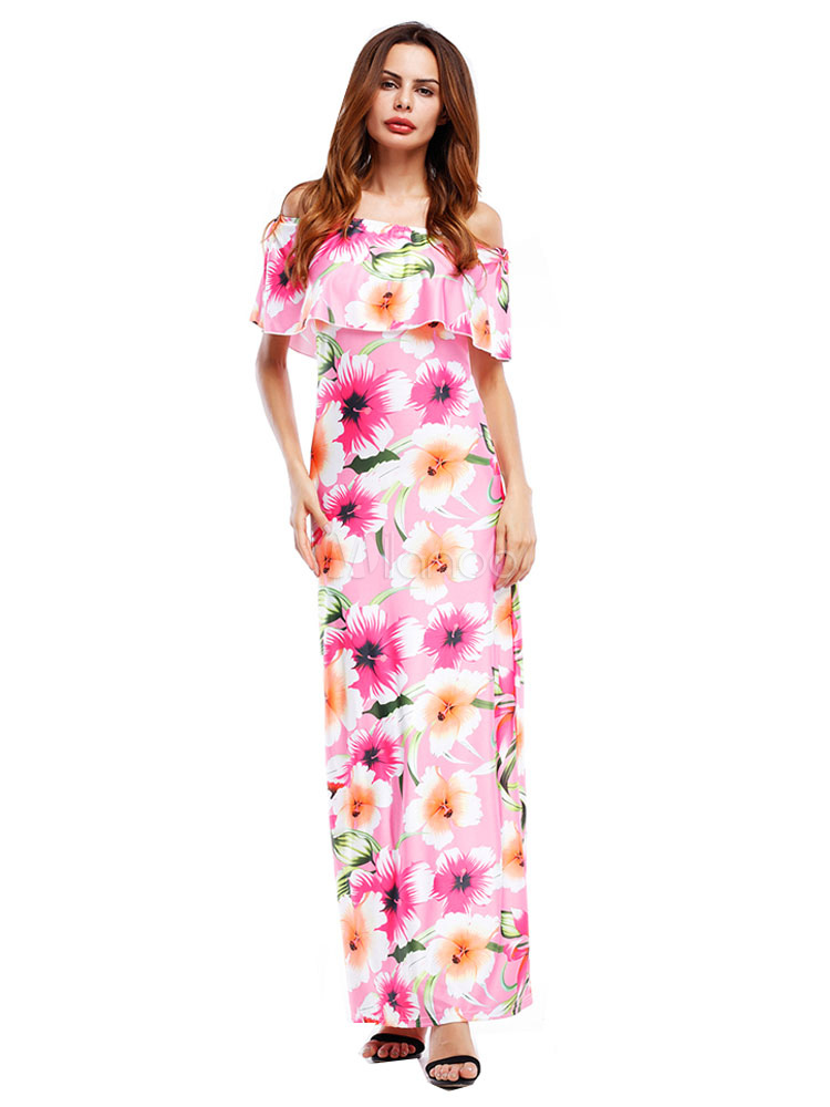 Women's Maxi Dress Off The Shoulder Ruffle Short Sleeve Floral Printed ...