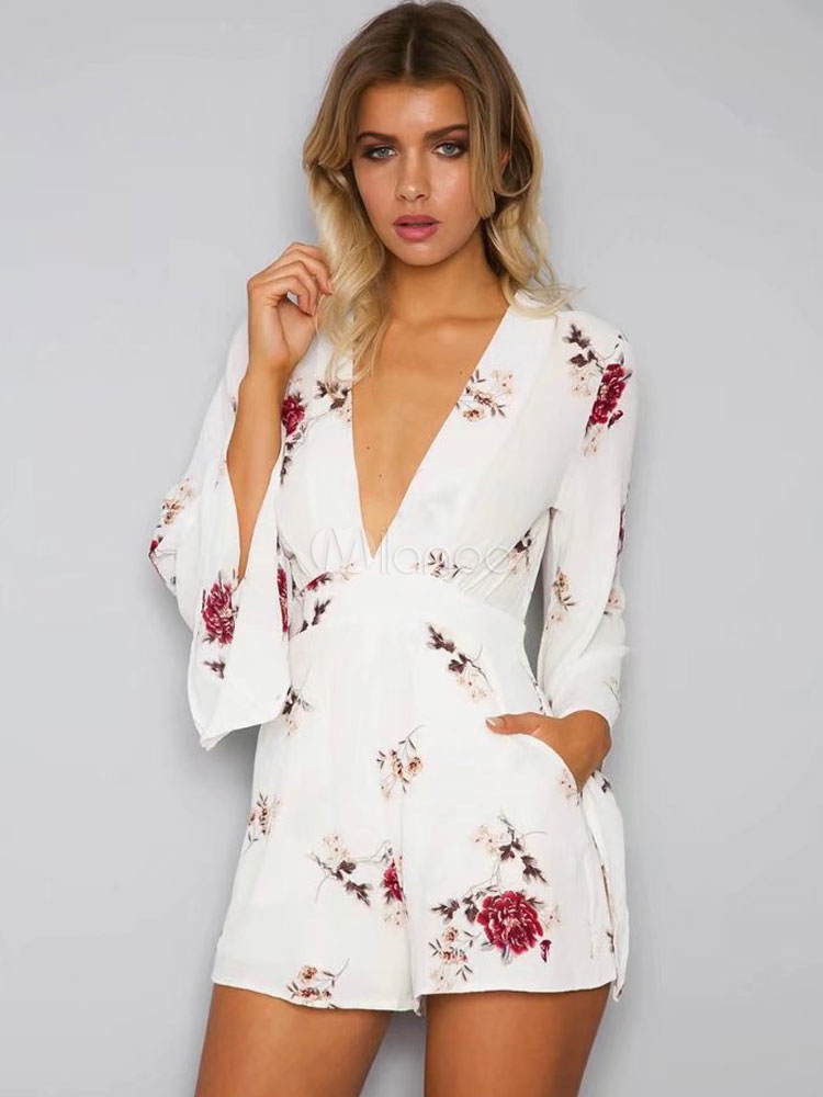 White Boho Romper Chiffon Plunging Floral Print Bell Sleeve Women's ...