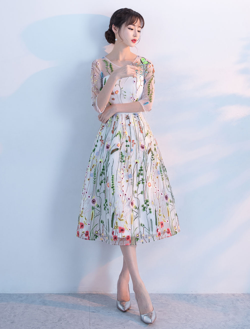 Lace Cocktail Dress 2024 Short Floral Print Cocktail Dress Illusion Half Sleeve Tea Length Party Dress