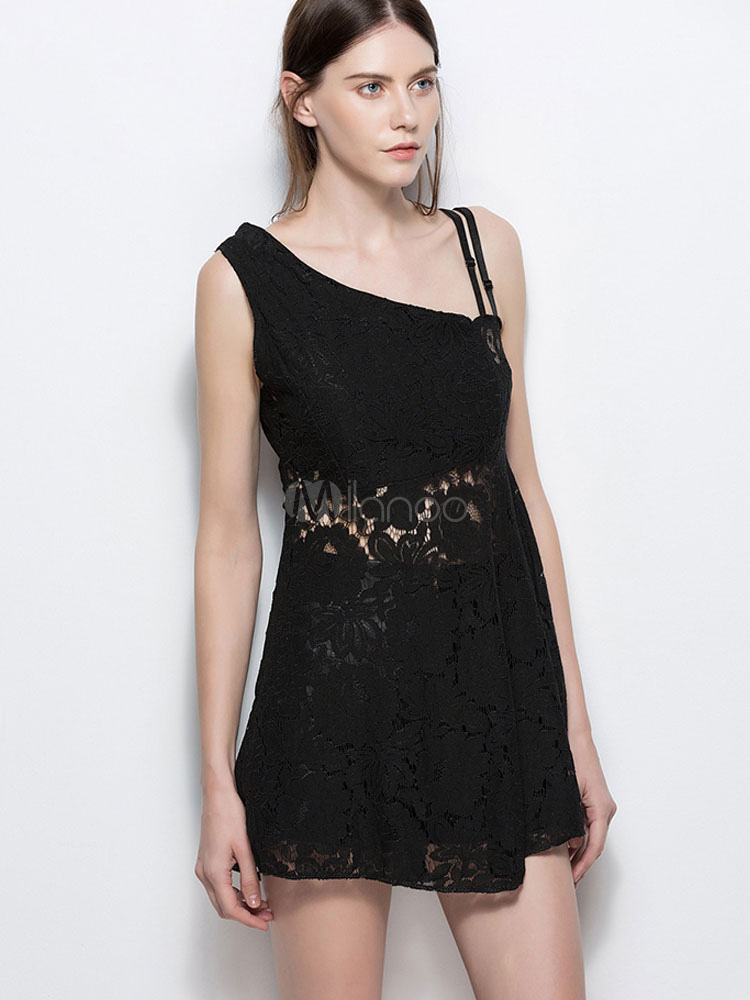 Black Lace Dress Asymmetrical Neckline Sleeveless Cut Out Semi Sheer ...