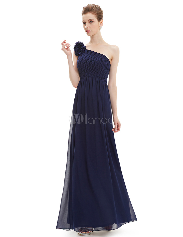 Long Bridesmaid Dress Chiffon Champagne One Shoulder Flower A Line ...