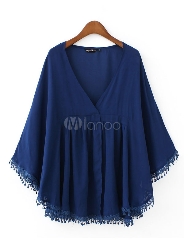 Beach Cover Ups Chiffon Royal Blue Women's Deep V Neck Tops - Milanoo.com