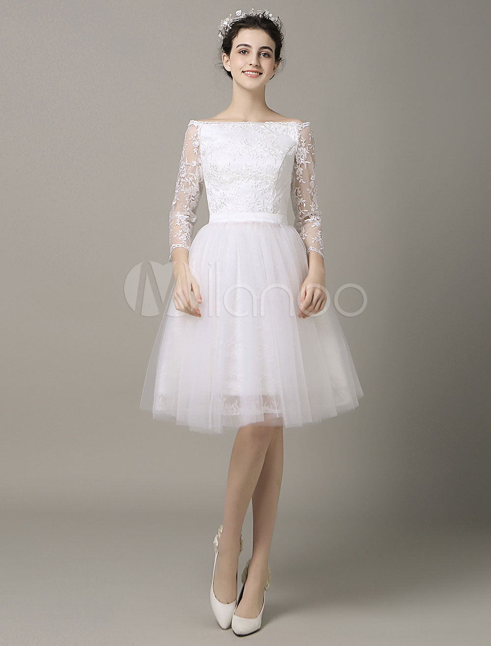 Panel Train Short Wedding Dress Bateau Lace Applique Ribbon Sash Tulle ...