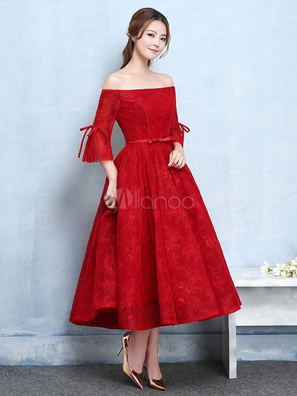 Red Prom Dresses 2021 Short Off The Shoulder Prom Dress Lace Burgundy ...