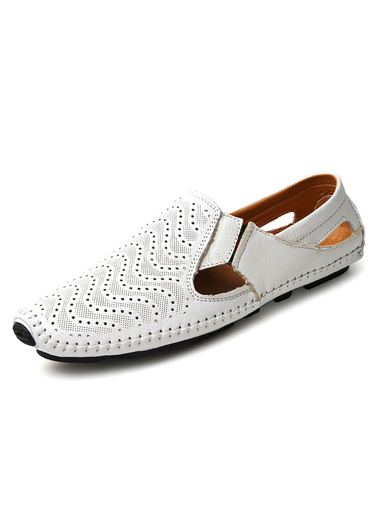 Men's White Sandals Round Toe Cut Out Breathable Flat Shoes - Milanoo.com