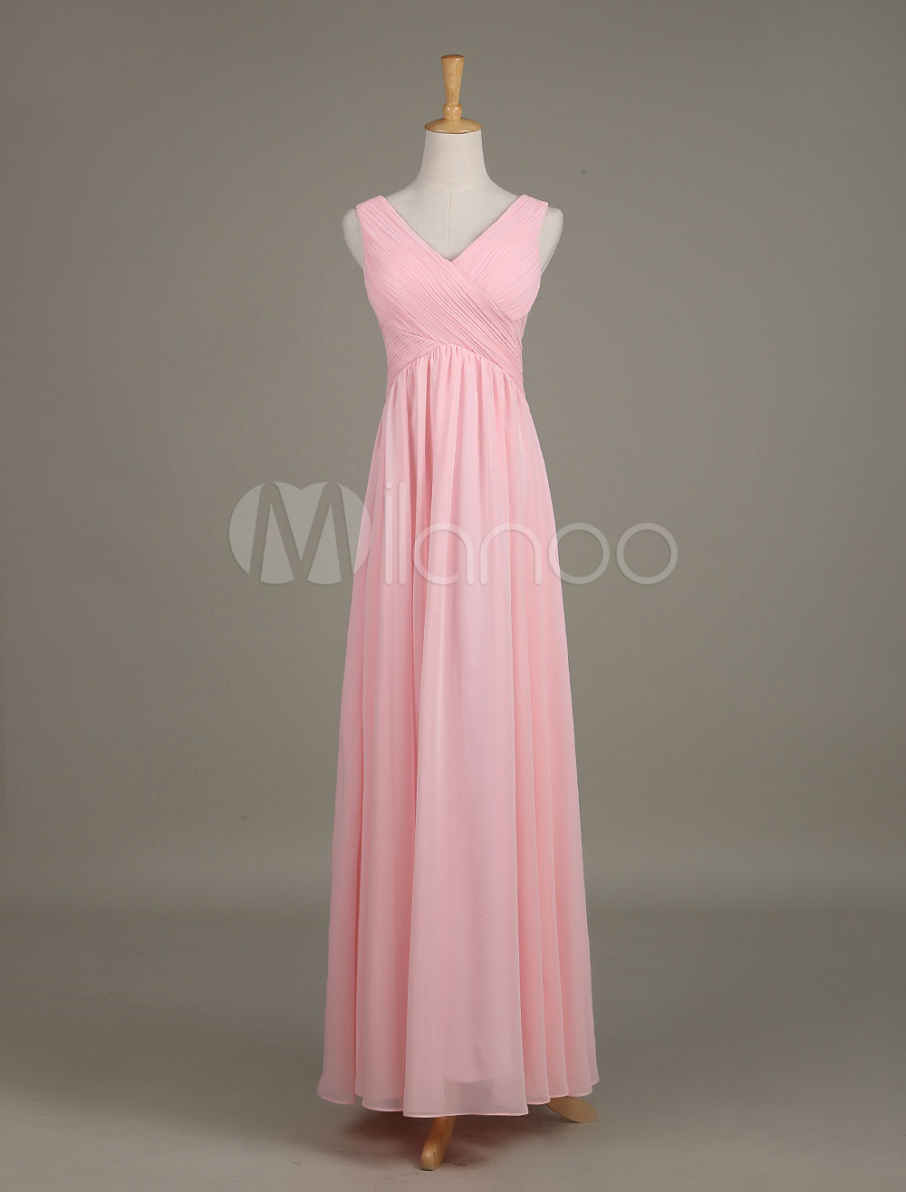 Blush Bridesmaid Dress V Neck Chiffon Ruched A Line Maxi Wedding Party