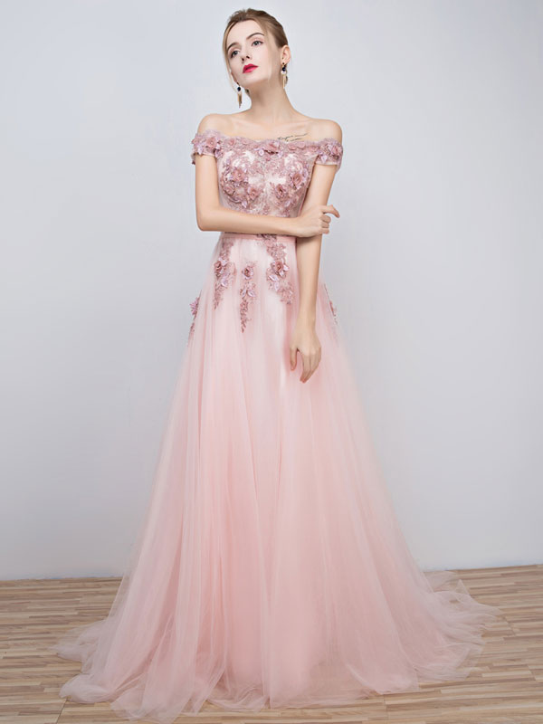 pink prom dresses off the shoulder