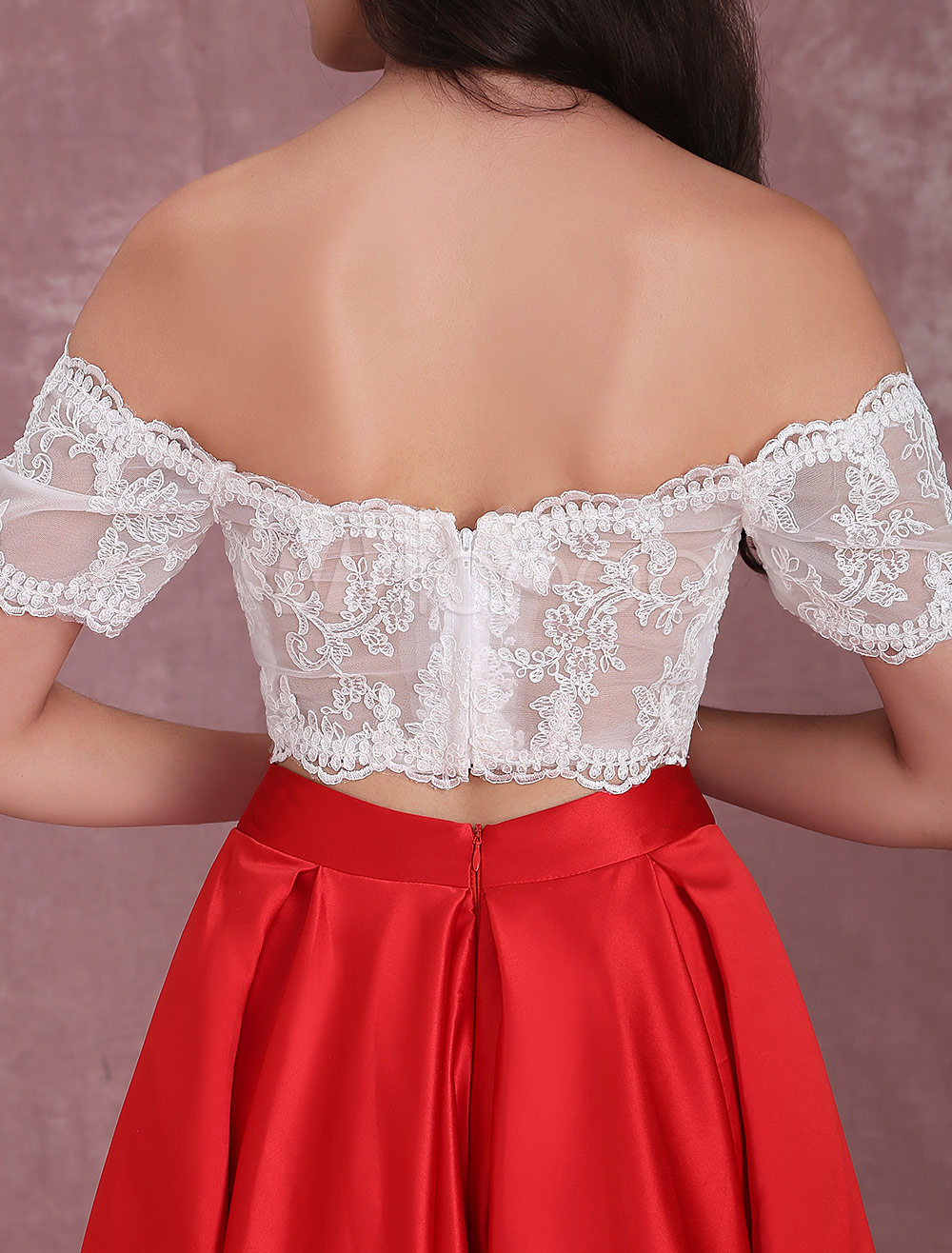 2 Piece Dresses Off The Shoulder Lace Illusion Red Satin