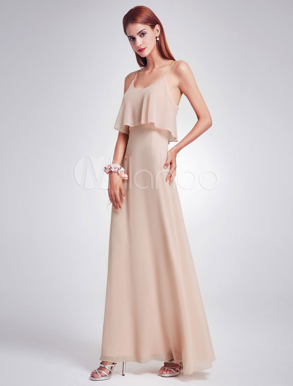 Champagne Bridesmaid Dress Long Chiffon Straps Sleeveless Ruffles Party