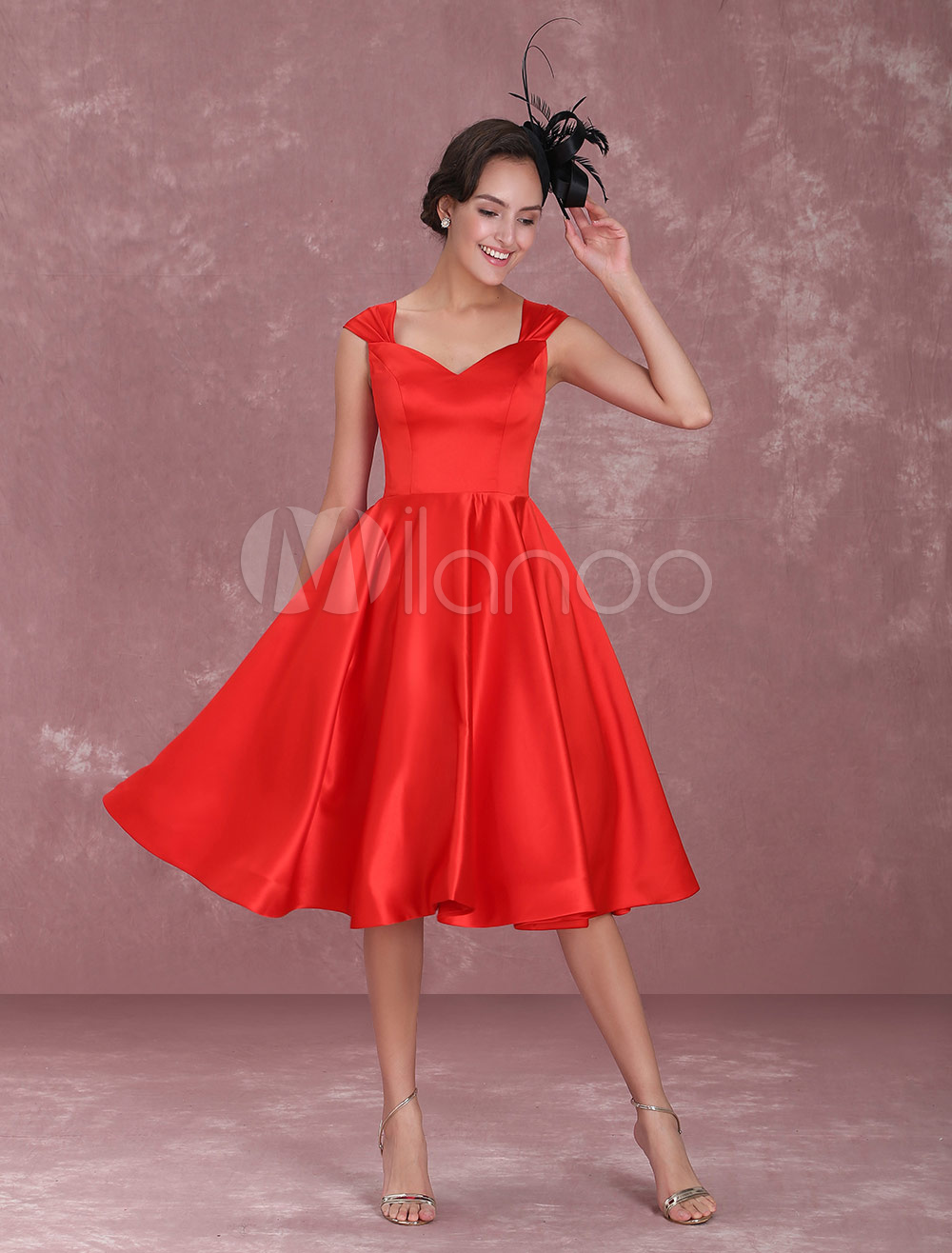 Red Cocktail Dresses 1950's Vintage Queen Anne Neckline Pleated A Line