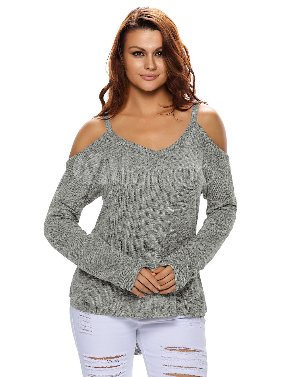 Long Sleeve T-shirt White Women's Cold Shoulder U-neck High Low Casual ...