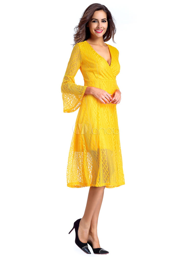 yellow fit and flare dress with sleeves