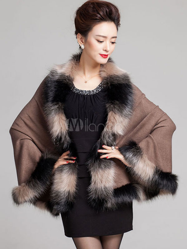 Ombre V-Neck Luxury Faux Fur V-Neck Poncho Coat - Milanoo.com