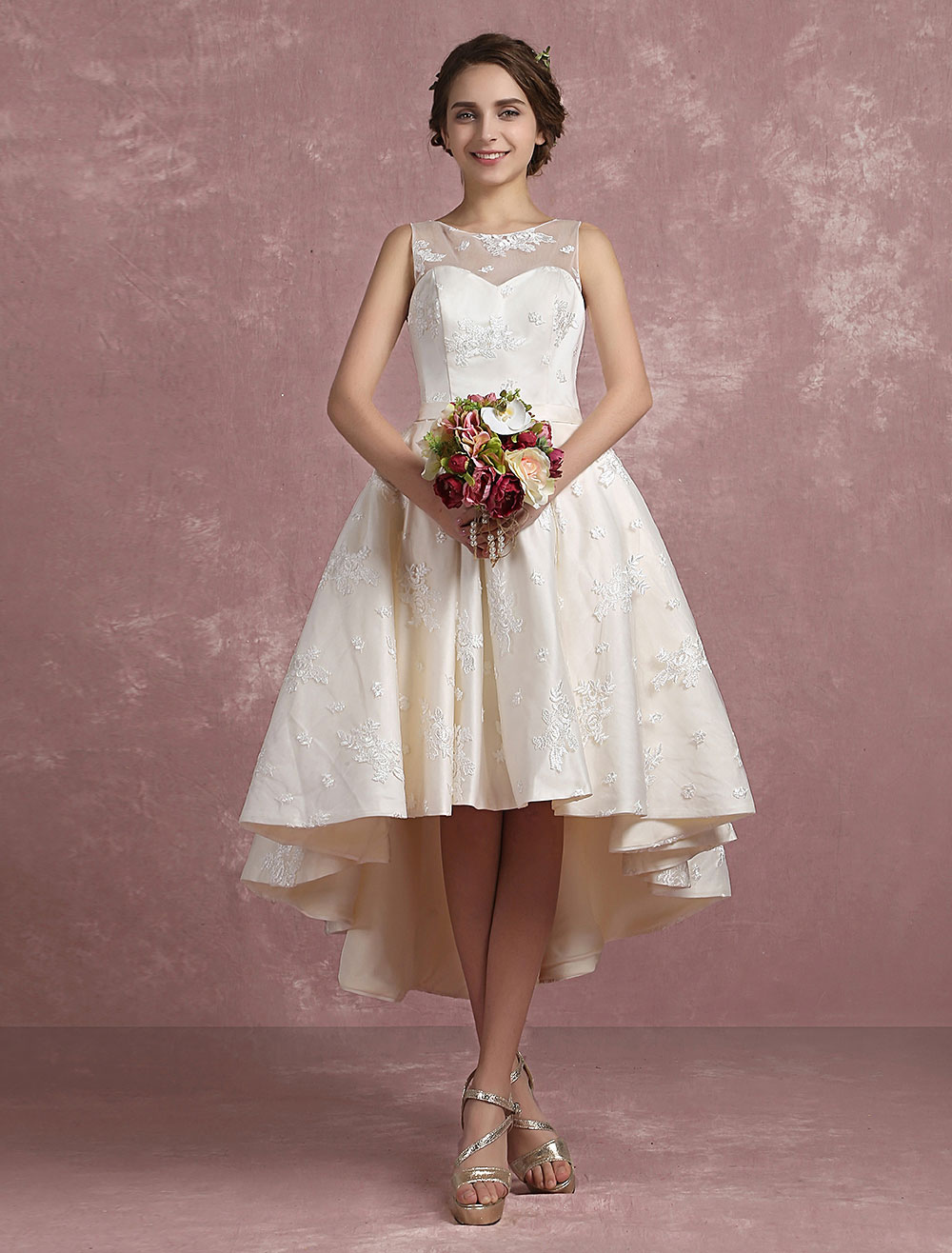Mariage Robes de mariée | Robes de mariée à la plage champagne en satin asymétrique décolleté robe de mariage - MN18451