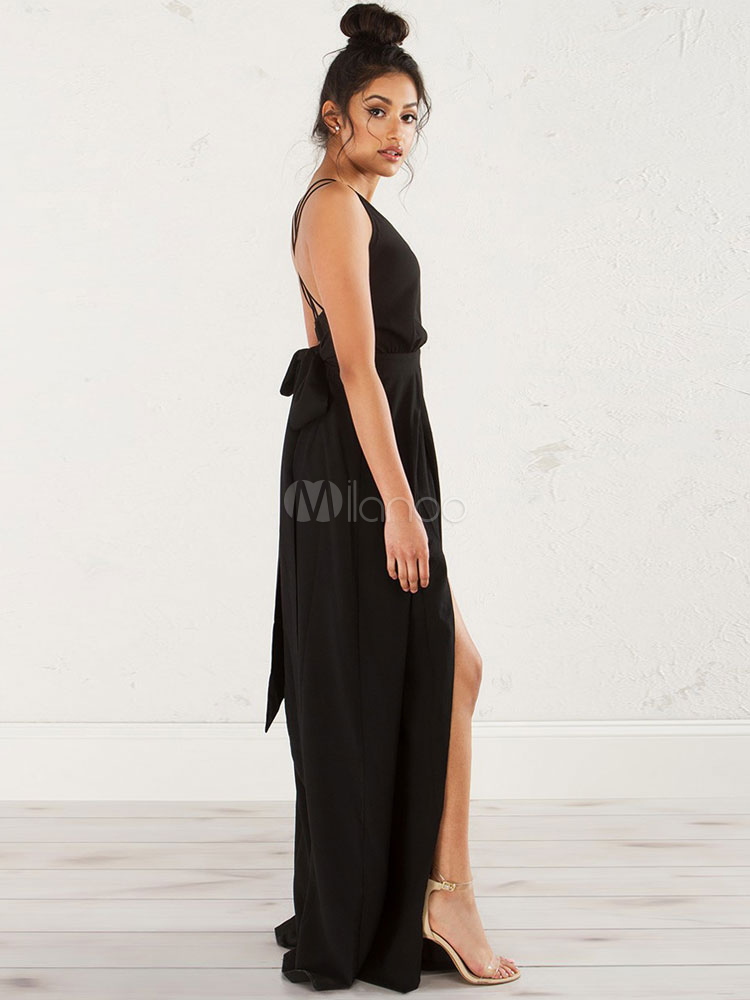 Vestido largo de poliéster negro con cuello en V Color liso con