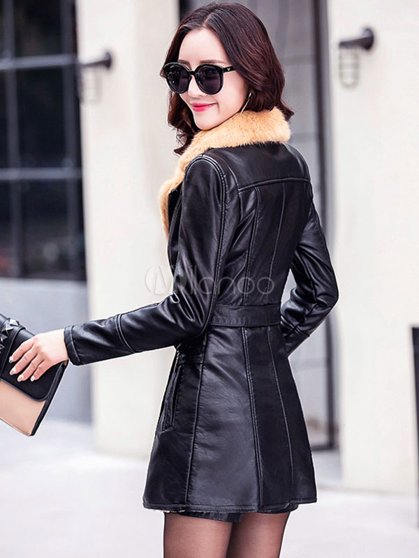 Women's Leather Coat Notch Collar Long Sleeve Long Sleeve Slim Fit ...