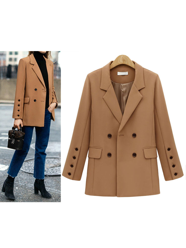 Women's Clothing Outerwear | Women Blazer Jacket Long Sleeve Notch Collar Light Brown Winter Coat Cozy Active Outerwear - LZ42969