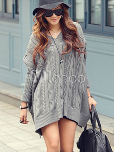 Cable Knit Sweater Women S V Neck Dolman Sleeve Oversize Pullover Sweater In Grey White Milanoo Com