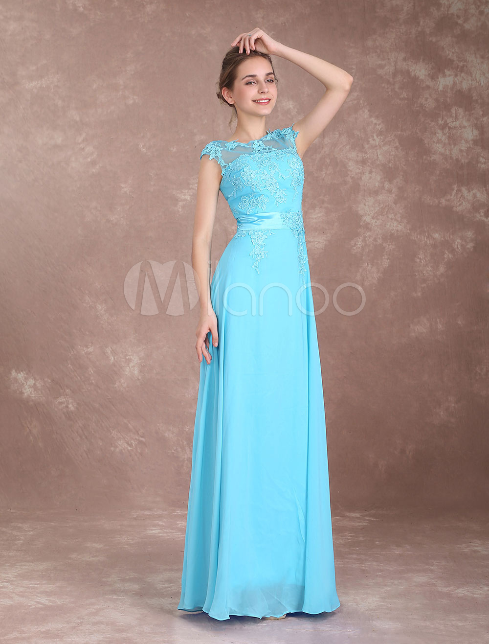 Prom Dresses Long Chiffon Backless Evening Dress Aqua Lace Applique