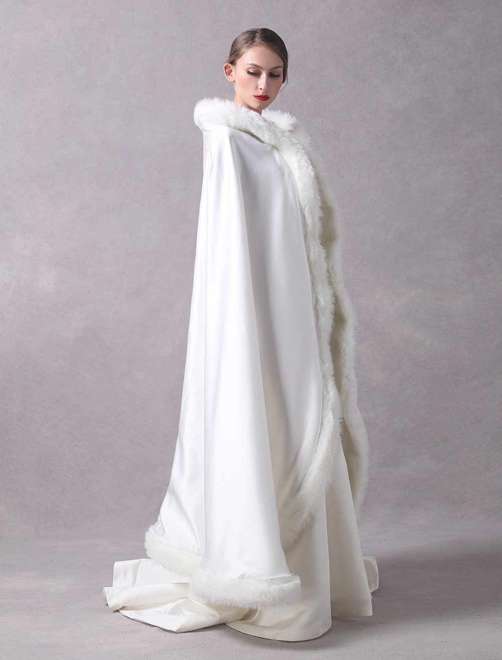 Satin Wedding Jacket Long Bridal Cape Cloak Fur Trim Ivory Hooded Ivory ...