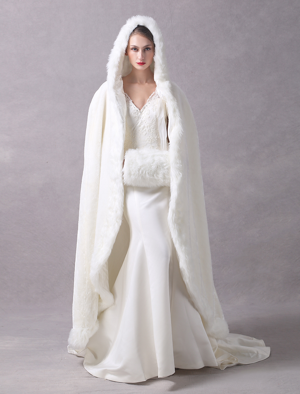 white fur coat wedding