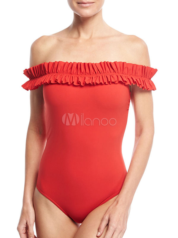Red Women Swimsuit Off The Shoulder Ruffle Short Sleeve One Piece