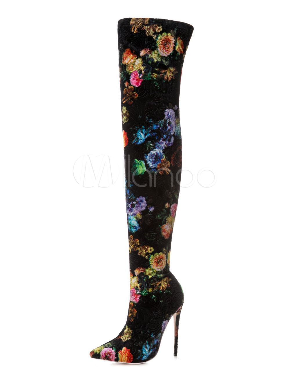 Black Over Knee Boots Pointed Toe Floral Printed High Heel Boots Women ...