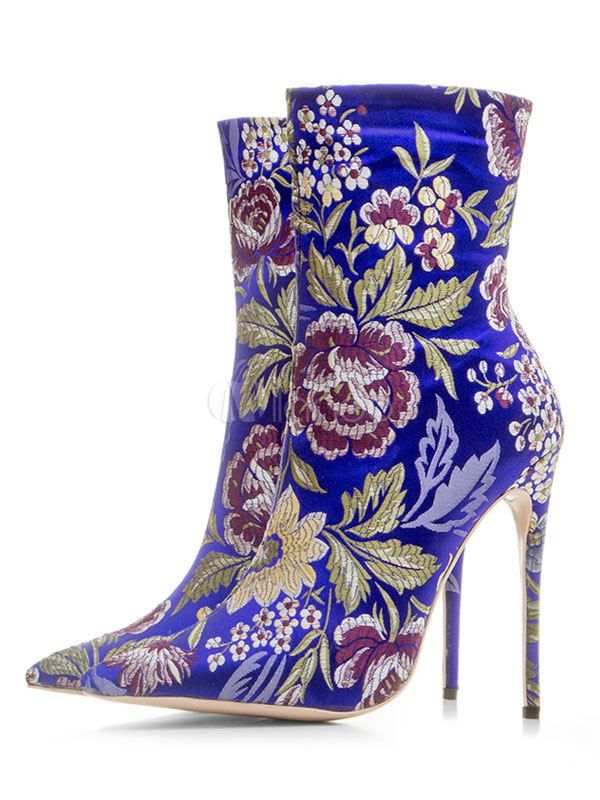 Green High Heels Satin Ankle Boots Pointed Toe Floral Embroidered High ...