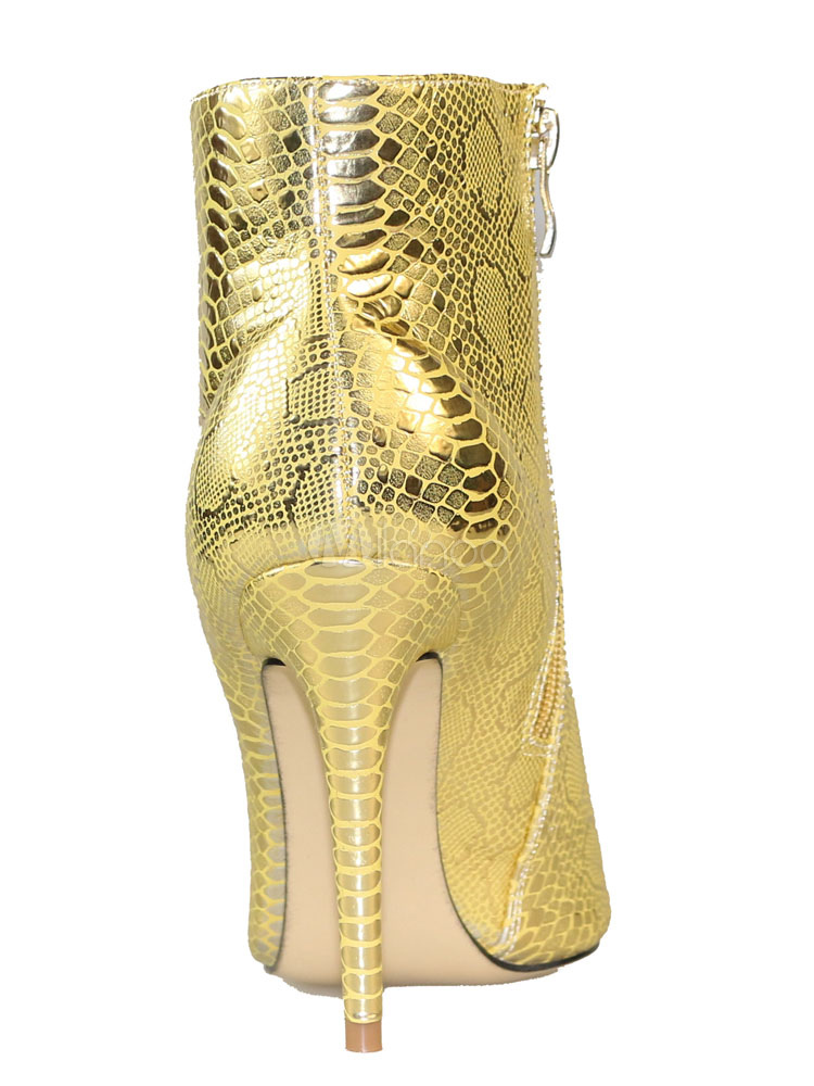 Women Ankle Boots Gold High Heel Booties Pointed Toe Snake Women Ankle Boots Gold High Heel Booties Pointed Toe Snake