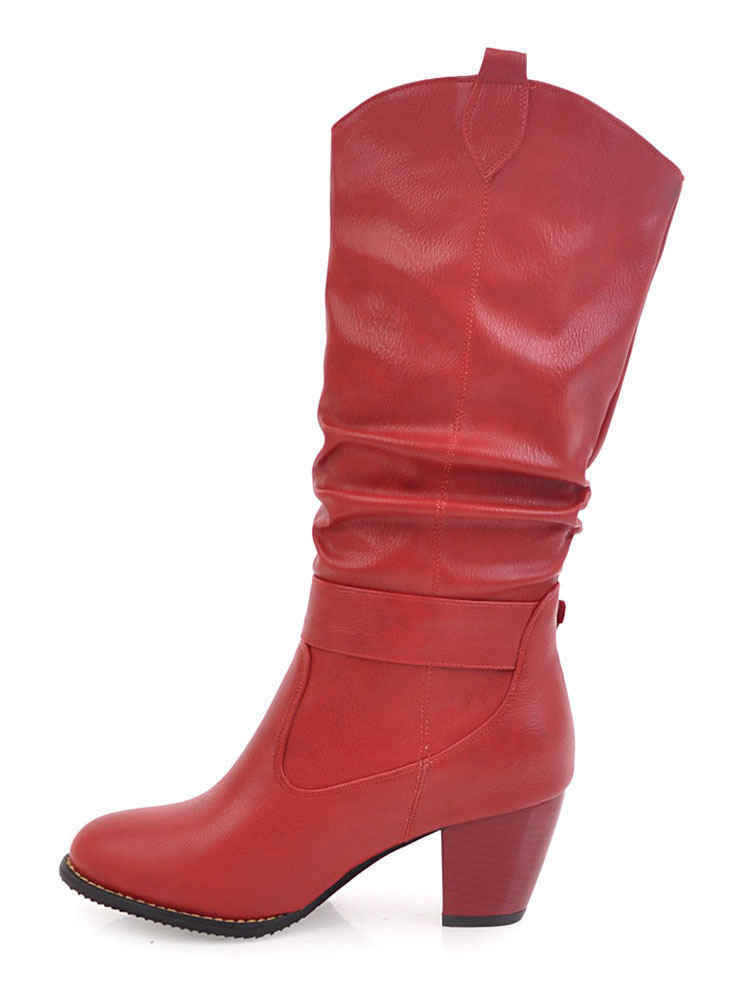Women Wide Calf Boots Red Slip On Boots Round Toe Metal Detail Mid Calf