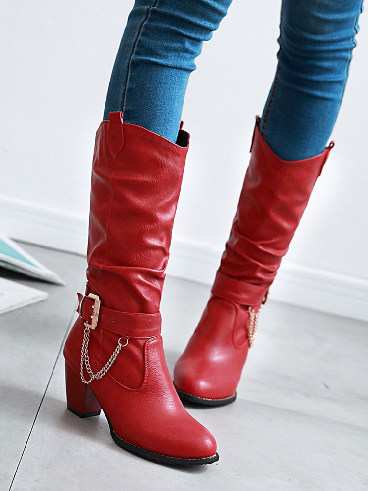 Red calf length boots