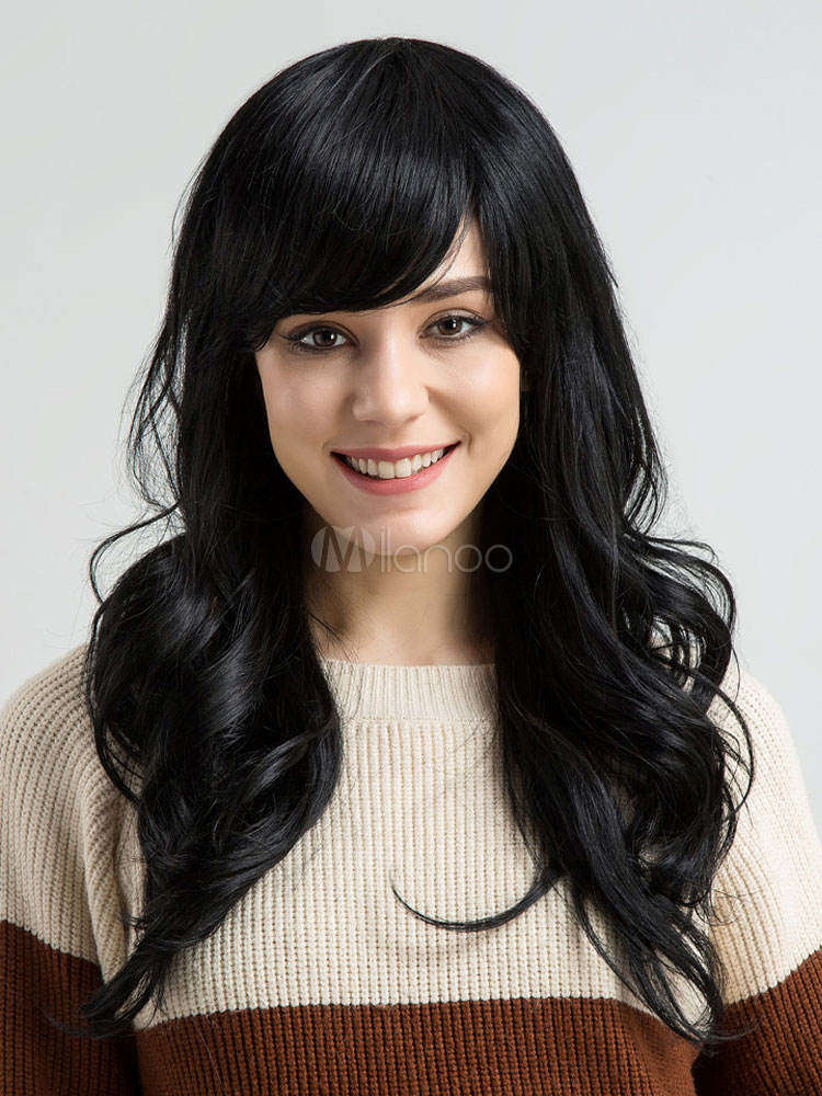 Black Hair Wig Side Swept Bang Full Volume Wave Layered Long Women