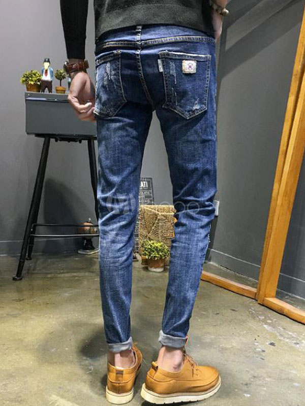 Blue Denim Jeans Men Straight Leg Ripped Jeans - Milanoo.com