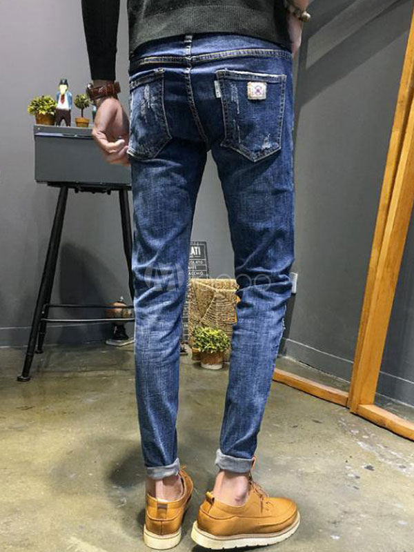 Blue Denim Jeans Men Straight Leg Ripped Jeans