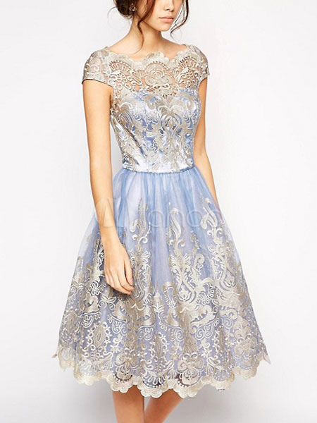 Vintage Lace Dress Fit Flare Party Dress Bateau Neckline Cap Sleeve ...