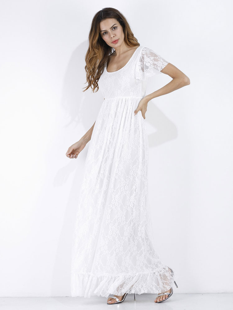 Lace Long Dress White Women Short Sleeve Ruffle Boho Maxi