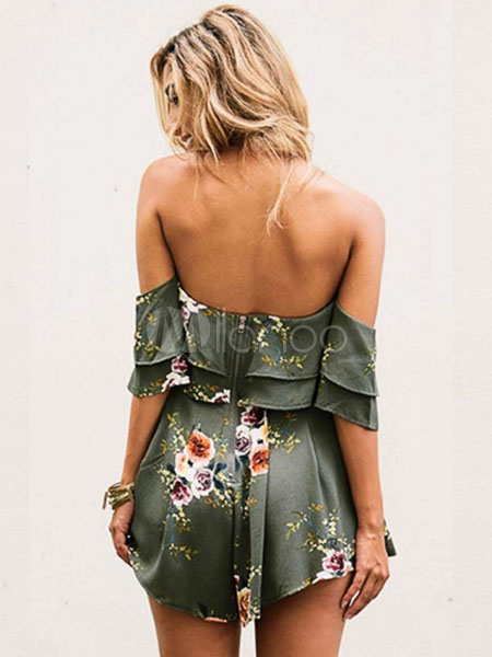 Women Romper Shorts Off The Shoulder Floral Print Low Back Ruffle Dark 4564