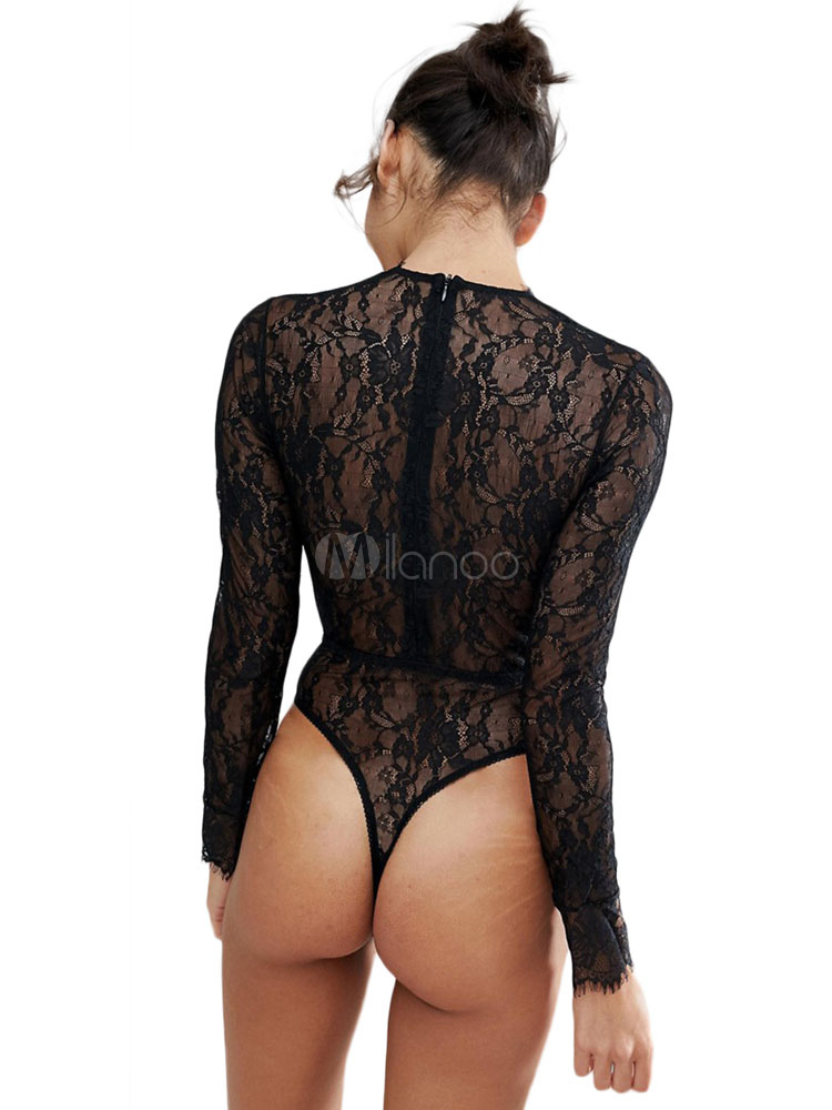 Womens Semi-Sheer Teddy - Long Sleeves / Plunging Neckline