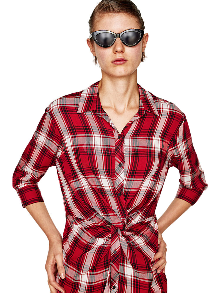 Red Shirt Dress Women Shift Dress Spread Collar 3/4 Length Sleeve Plaid