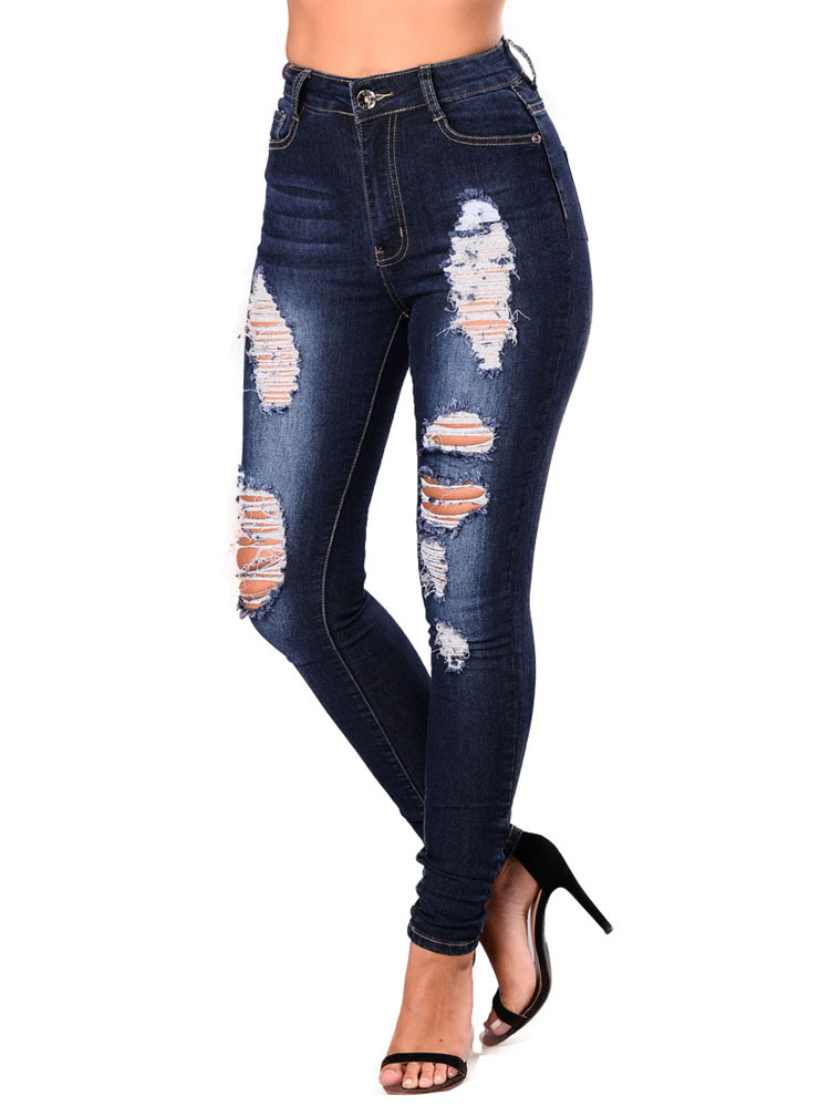 Women Ripped Jeans Skinny Cut Out Deep Blue Denim Pants - Milanoo.com