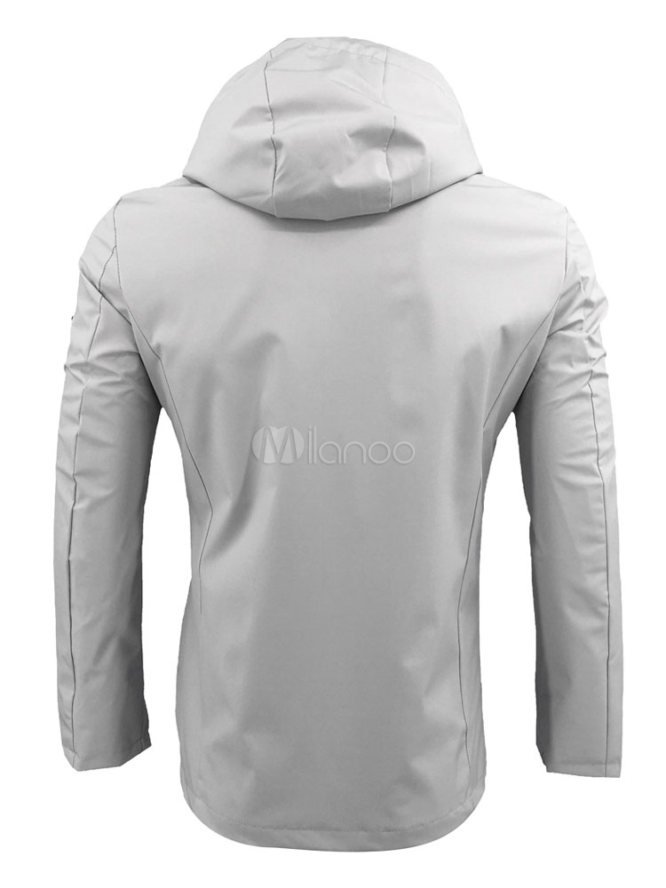 Grey Spring Jacket Men Windbreaker Jacket Hooded Long Sleeve Zip Up