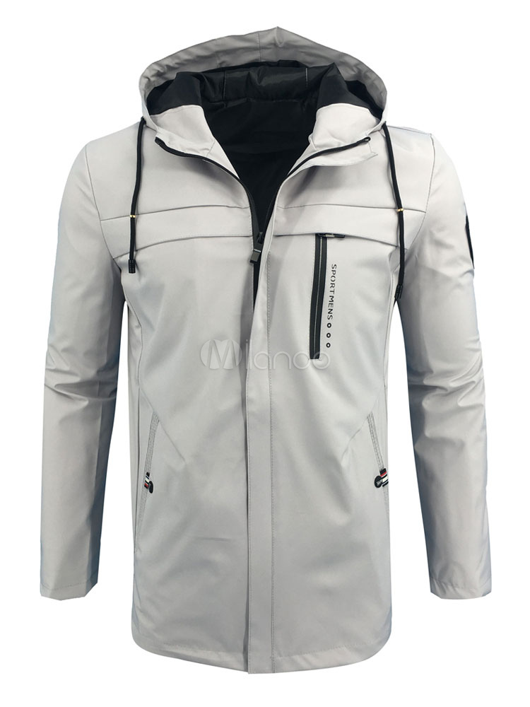 Grey Spring Jacket Men Windbreaker Jacket Hooded Long Sleeve Zip Up ...