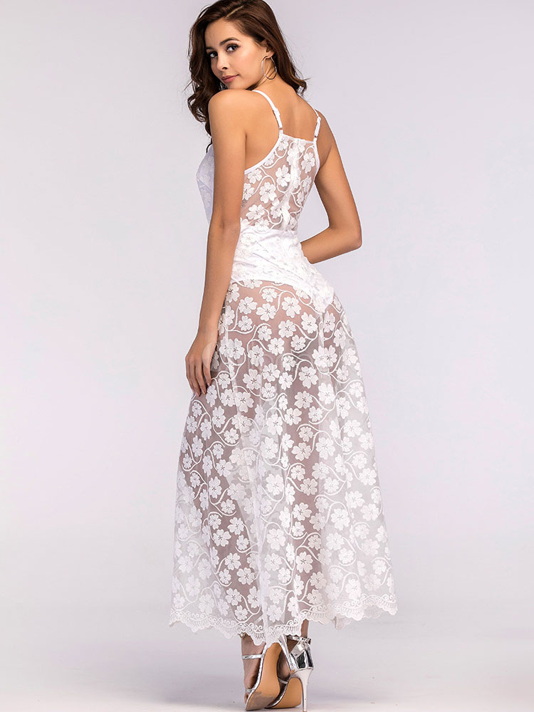 White Long Dress Bodysuit Dress Floral Plunging Sheer
