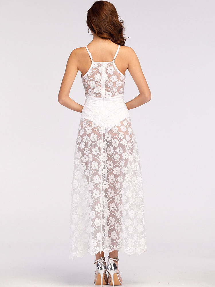 White Long Dress Bodysuit Dress Floral Plunging Sheer